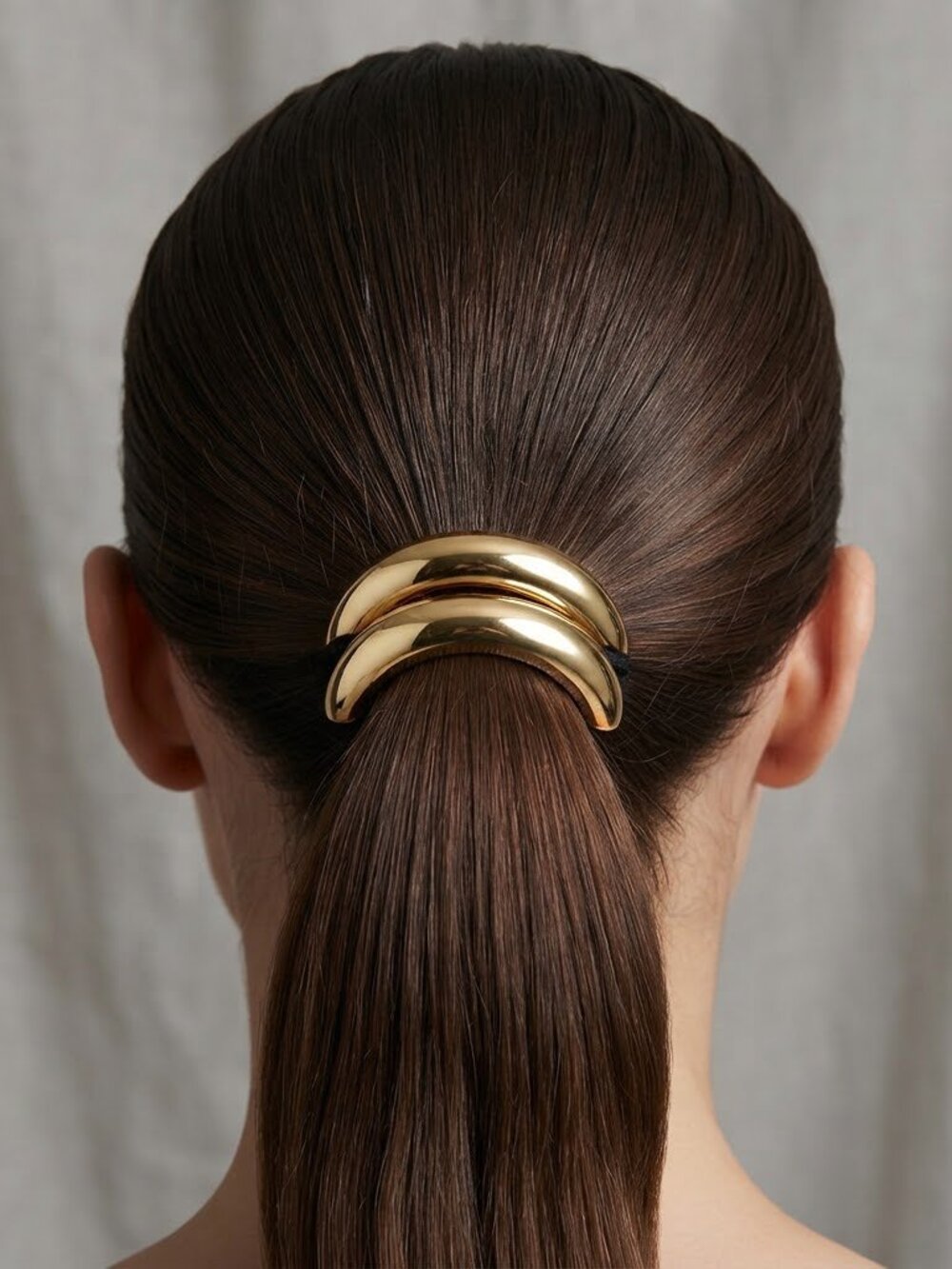 Gold Tone Double Layered Crescent Hair Cuff Elastic Ponytail Holder Accessory
